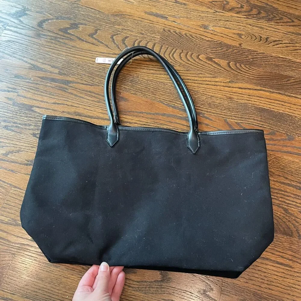 NWT VICTORIA'S SECRET Black Canvas Tote VS Metallic Insignia_4